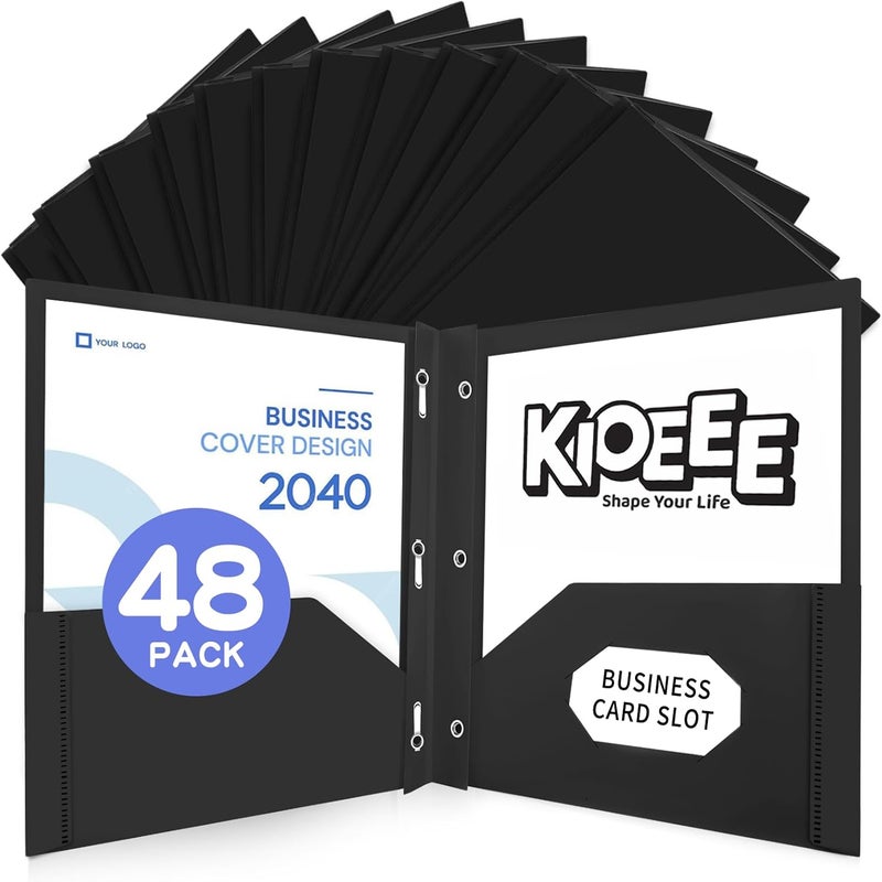 KIOEEE Black Heavy Duty Plastic Folders with 2 Pockets and 3 Prongs Bulk(48 Pack),Fit Letter Size Paper, Business Card Slot, Assorted Colors for School,Office and Home - Image 1